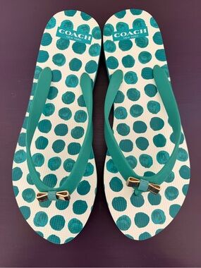 Coach Teal Polka Dot Bow Strap Flip Flop Sandals Sz9-10